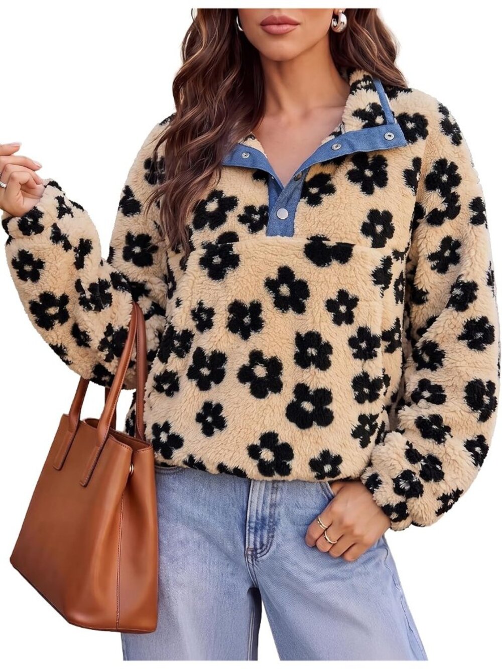 Women's Apricot Black Long Sleeve Henley Neck Fuzzy Fleece Imported Sweatshirt